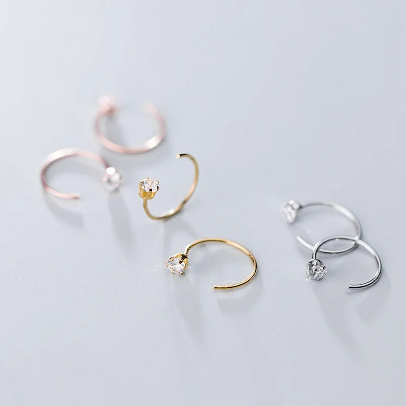 Simple Hot Fashion 925 Sterling Silver Single Six Claw Zircon Crystal Hoop Earrings for Women Girls