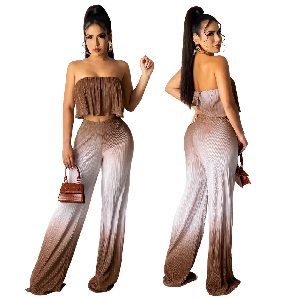YQY10195 Latest Design Summer Pleated Pants Set Gradient Color Casual Strapless Top and Pants Set 2 Piece Set Outfits for Women