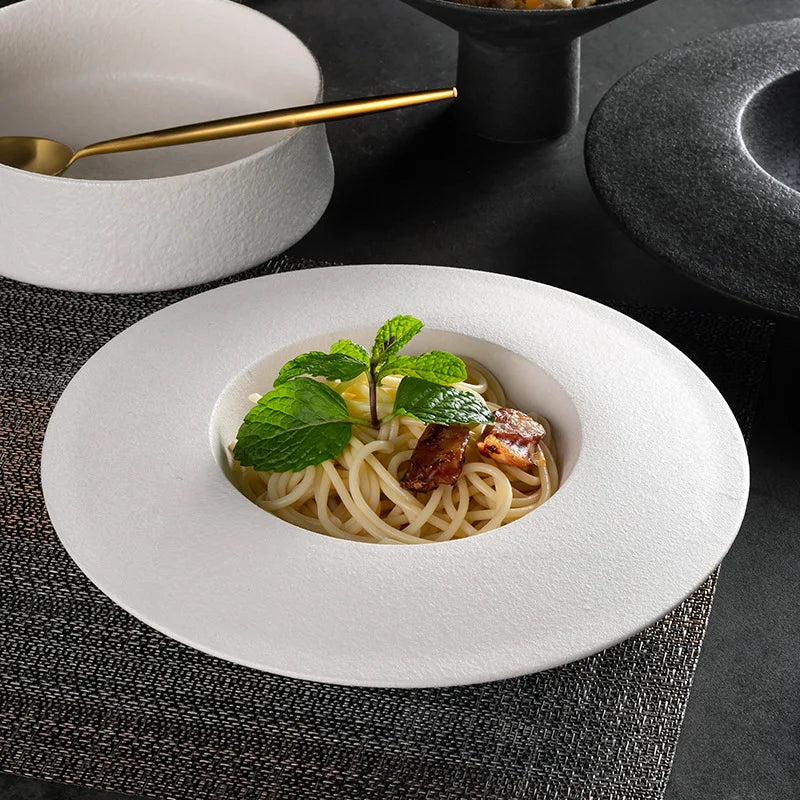 Matte Black Ceramic Deep Soup Plate Coarse Glaze Spaghetti Dinner Plate Dessert Sushi Dish Bowl Restaurant Tableware Cutlery Set