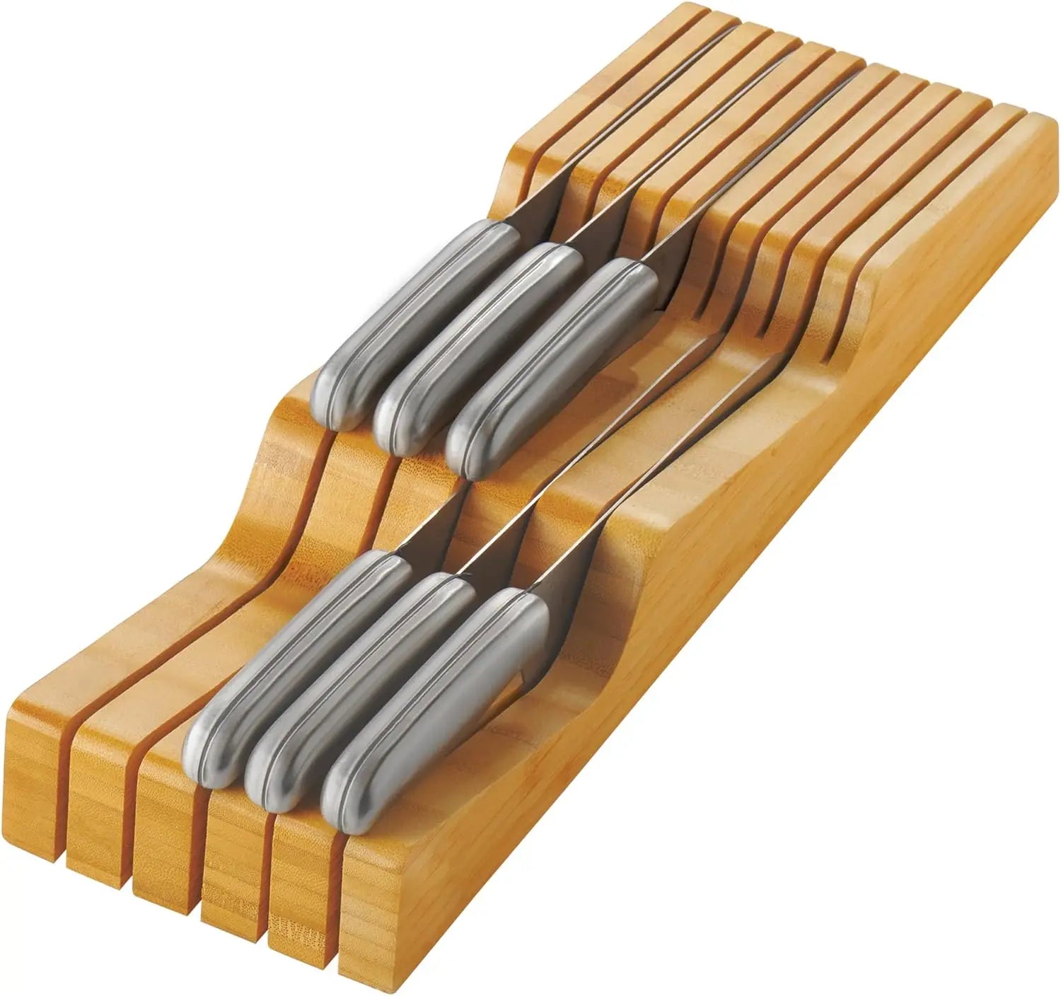Youlike High Quality Natural Bamboo Knife Drawer Organizer Knife Storage Holder Suitable for Kitchen Fits 5 Long 6 Short Knives