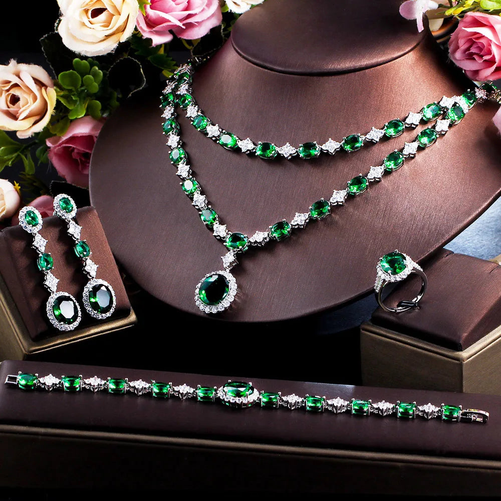Custom African Style Luxury Green Stone Jewelry Set Brass Platinum Plated Zircon Necklace Earrings Bracelet Ring