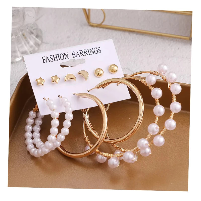 VKME Trendy Acrylic Pearl Crystal Gold Hoop Earrings Set Oversize Metal Circle Butterfly Heart Flower Earring for Women