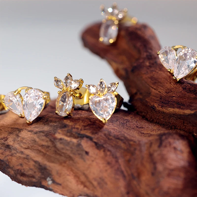 Classic Stainless Steel Jewelry Simple 18k Gold Plated Prong Set Cubic Zirconia Women Stud Earrings