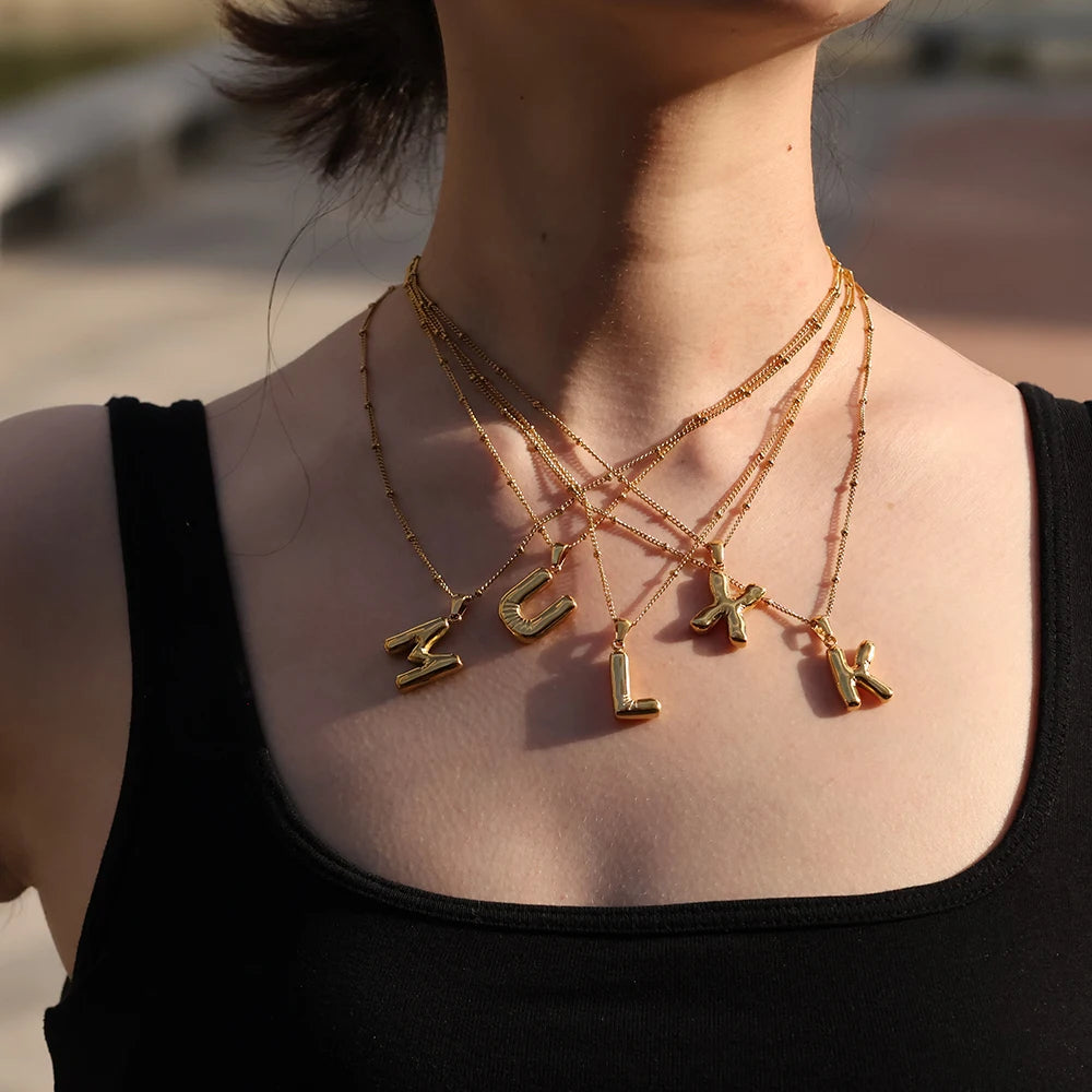 Best Latest 18K Gold Plated Stainless Steel Balloon Chubby Alphabet 26 Letters Pendant Necklace Fashion Jewelry for Women