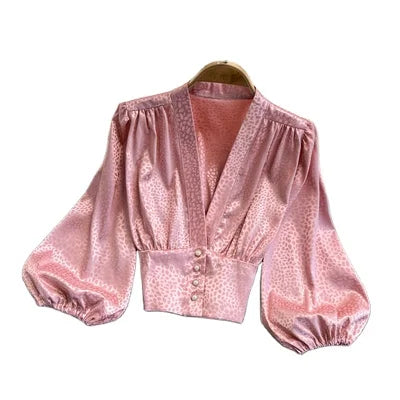 2024 V-neck Leopard Print Shirt Court Style Temperament Slim Lantern Sleeves Western Chic Short Long-sleeved Top Blouse