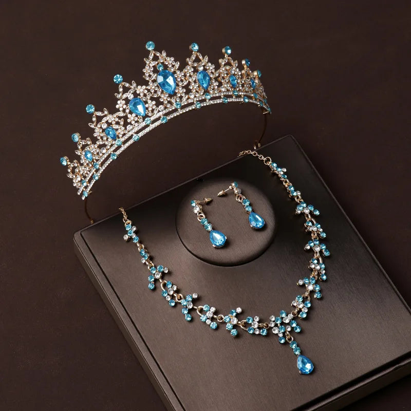 Wedding Necklace Earrings Rhinestone Set Crystal Royal Crown Wedding Princess Accessories Wholesale