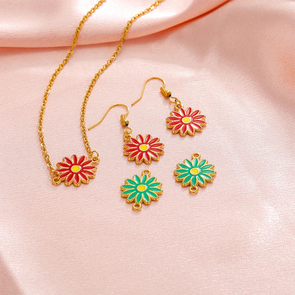 Little Daisy Dripping Oil Pendant Single Double Hole Stainless Steel Earring Necklace Accessories Making Supplies