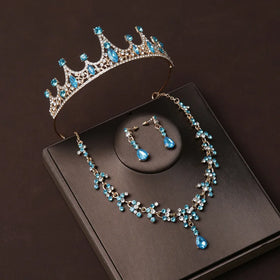 Bride Sky Blue Hair Band Wedding Birthday Princess Crown Wedding Dress Crown Headpiece Necklace Three Piece Set