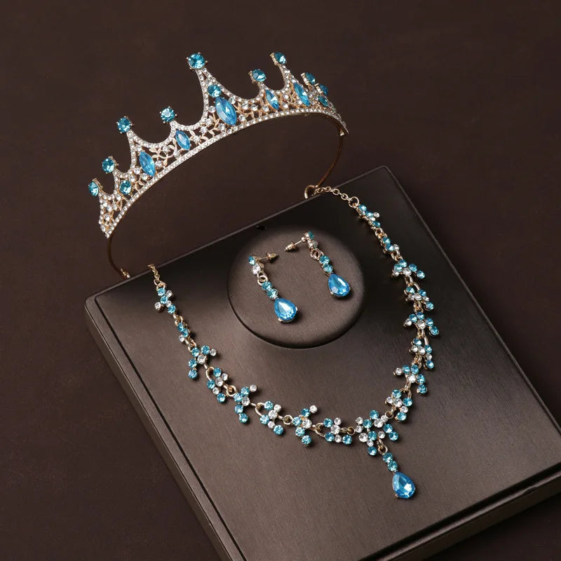Bride Sky Blue Hair Band Wedding Birthday Princess Crown Wedding Dress Crown Headpiece Necklace Three Piece Set