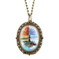Wholesale Antique Style Quartz Pocket Watch Oval Necklace Pendant with Zinc Alloy Chain and Tree & Lake Scenery Design for Gift