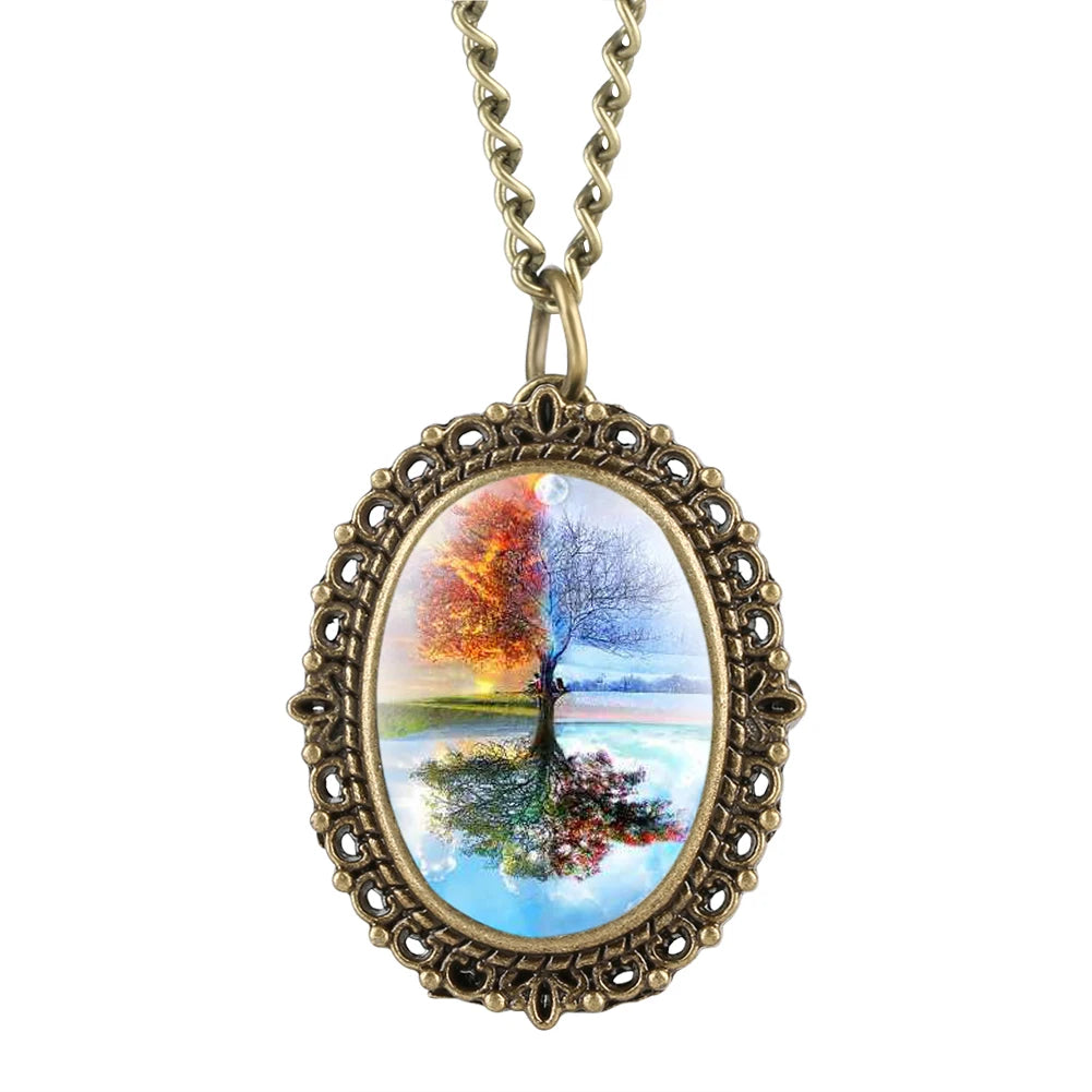 Wholesale Antique Style Quartz Pocket Watch Oval Necklace Pendant with Zinc Alloy Chain and Tree & Lake Scenery Design for Gift