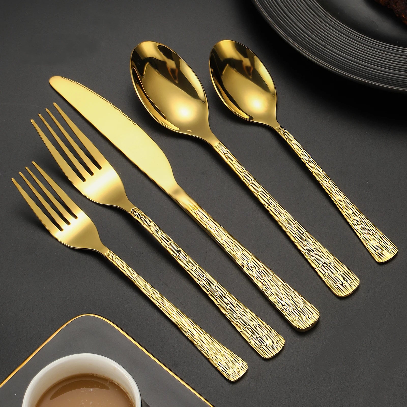 Fancy Silverware Cheap Flatware Stainless Steel 5 Pcs Gold Cutlery Set Tree Pattern Knife Spoon Fork Set