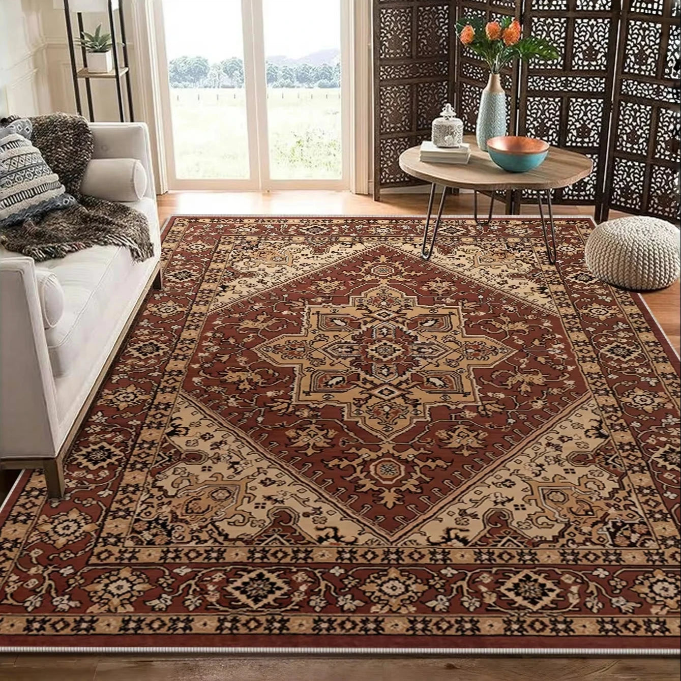 Traditional Persian Pattern Area Rugs Anti slip Plastic Dots Back Polyester Fiber Low Pile Carpet for Living Room Bedroom
