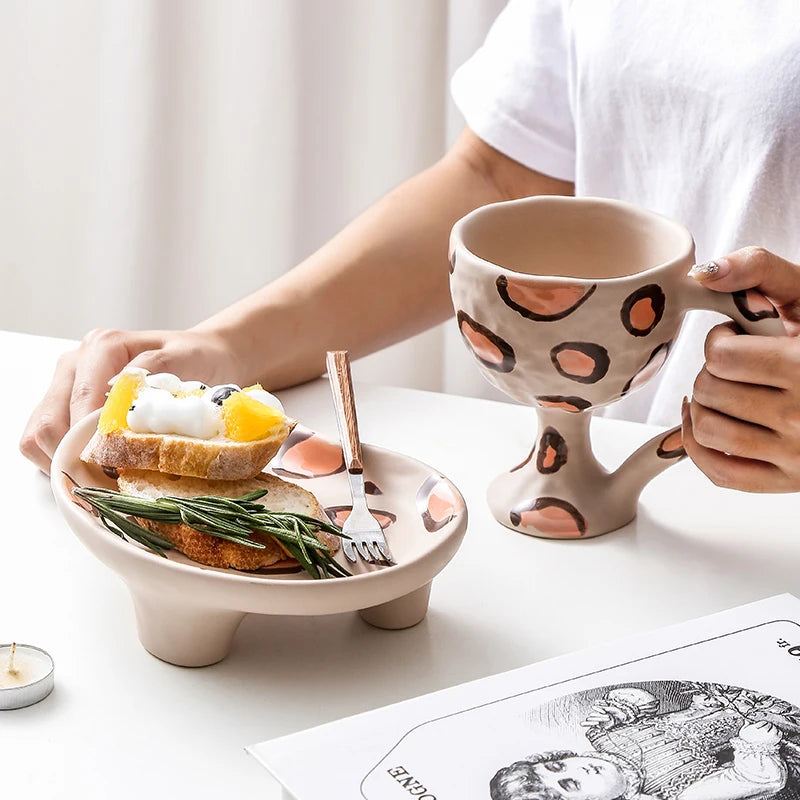 NEW Vintage Handmade Ceramic Coffee Mug and Saucer Set High Foot Breakfast Juice Milk Ice Cream Dessert Cup Restaurant Drinkware