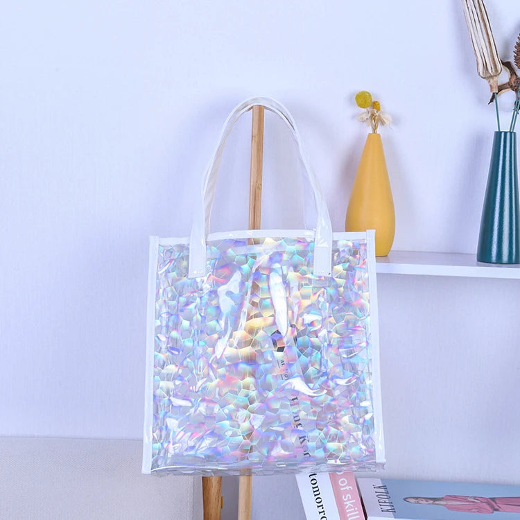 Customized Transparent PVC Dazzle Fish Scale Tote Wedding Gift Bag Reusable Beach Shopping Bag
