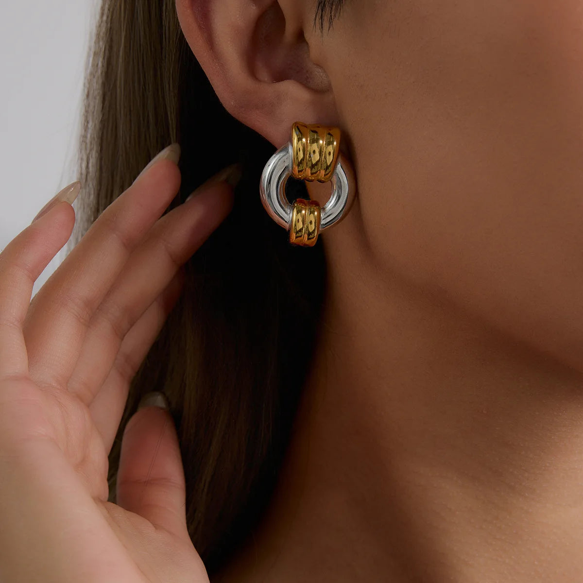 New Arrival Modern Simple 18K Stainless Steel Design Earring Two Tone Glossy Line Door Handle Earrings for Women