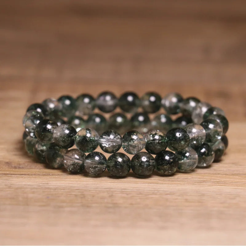 Natural Green Phantom Crystal Beaded Bracelet Ghost Quartz Healing Energy Bracelet for Men Women Elastic Yoga Meditation Bead