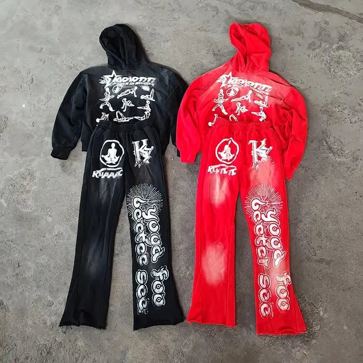 Custom Acid Washed Streetwear Hooded Sweat Suits for Men Zipper Hoodies and Flared Joggers with Stacked Sweatpants for Winter