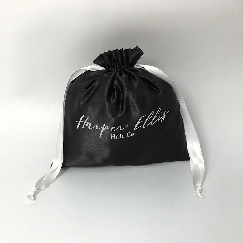 Custom Silk Satin Black Drawstring Printing Gift Satin Bag Cosmetic Pouch Bag With White Logo