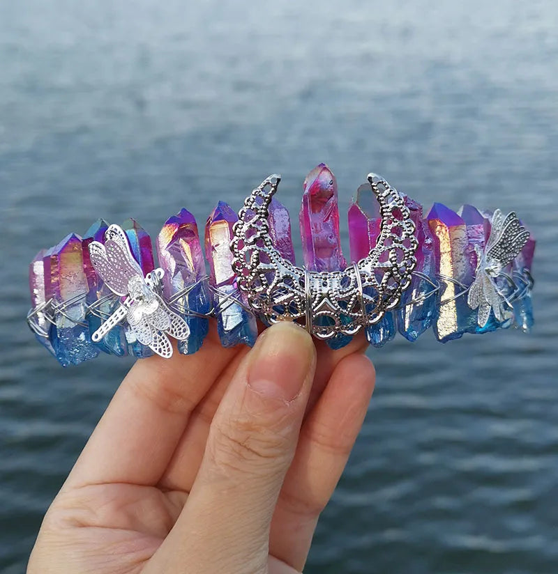 DIY Top quality plating color handmade comb custom dragonfly accessories moon blue purple crown bridal headband hair accessories crystal crafts