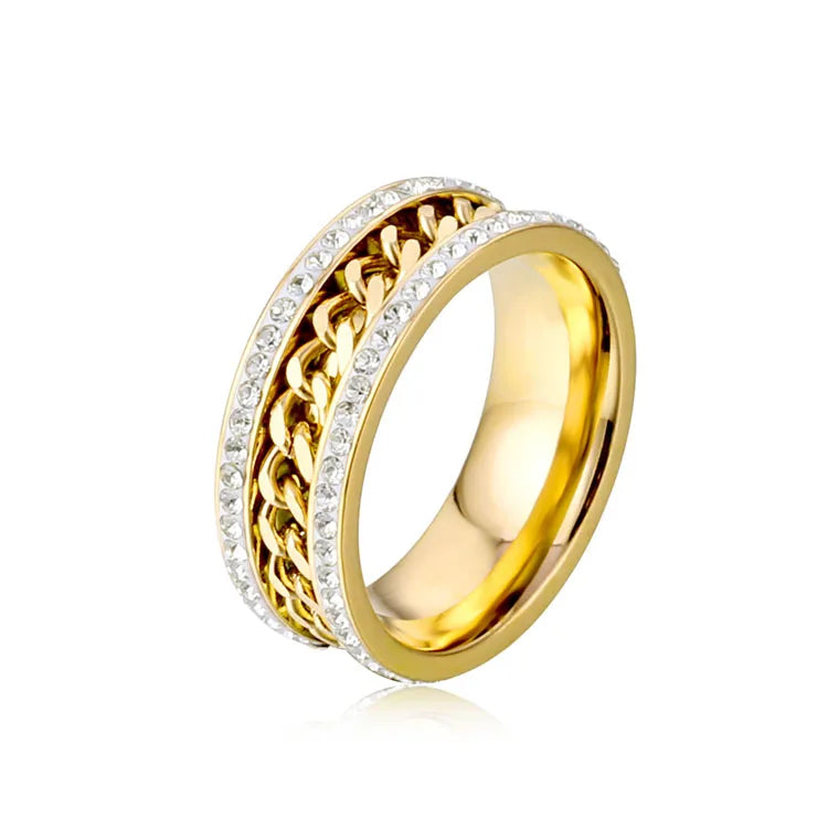 Fashion Stainless Steel Gold Plated Silver Jewelry Rings Crystal Diamond Cuban Link Ring