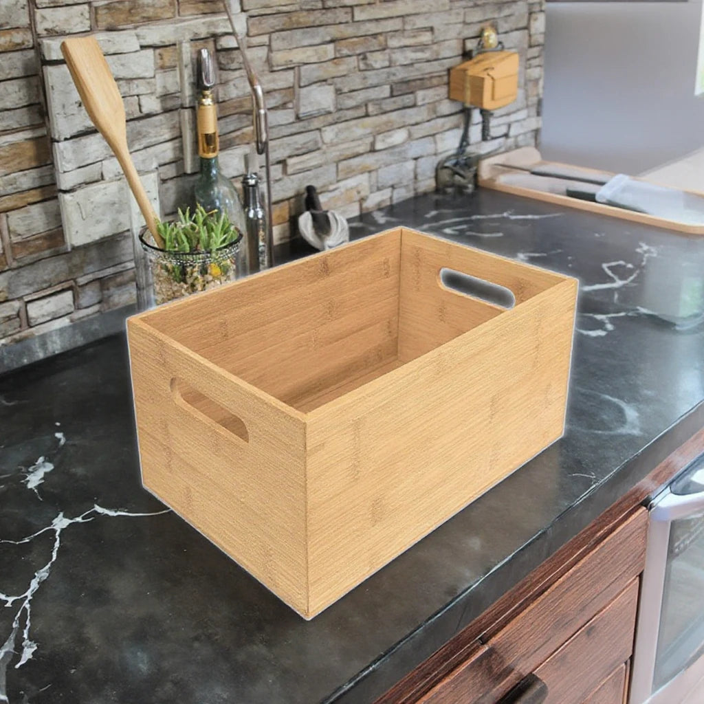 Bamboo Wood Storage Container Basket Box with Handles Model Patterned Bathroom Organizer for Clothes Shoes Countertop Storage