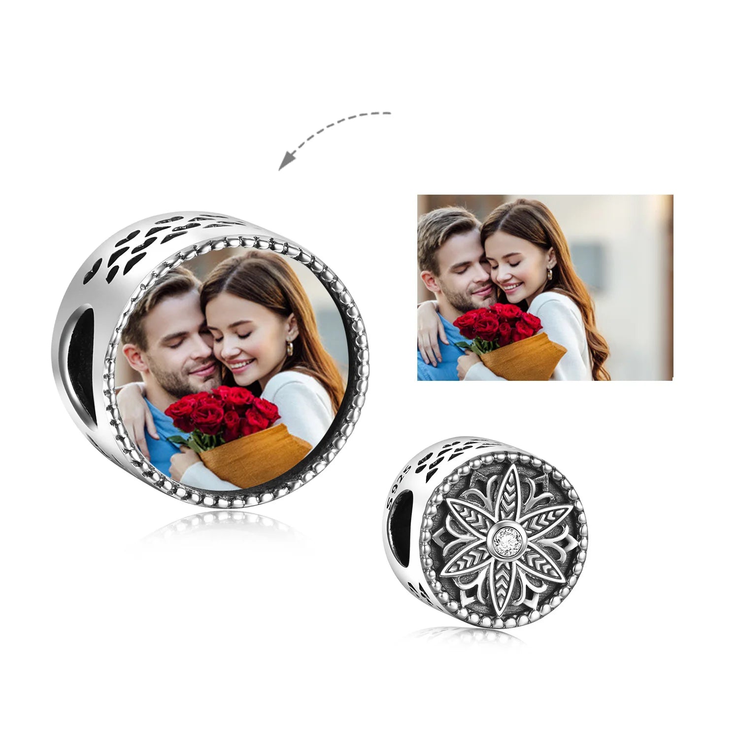 Wholesale DIY 925 Sterling Silver Personalized Custom Flower Round Picture Charms