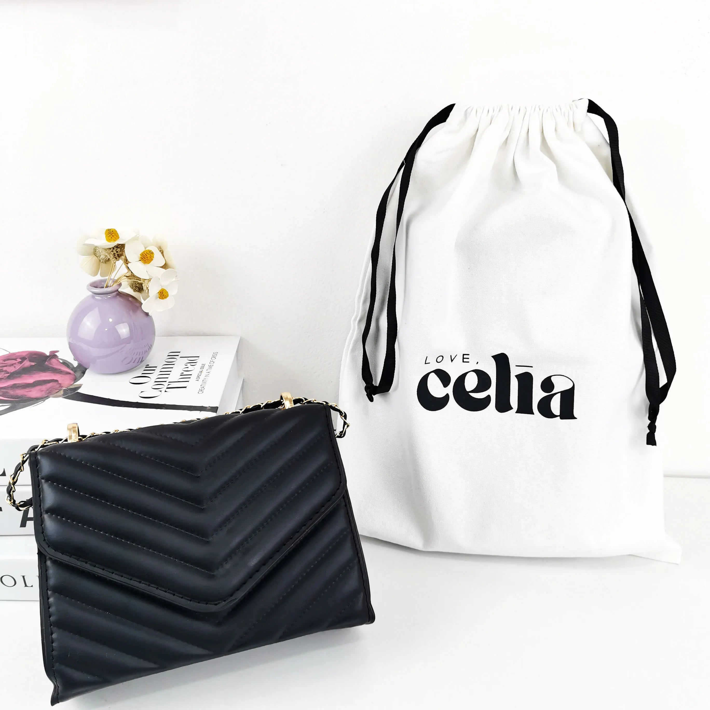 Large Custom Logo Printed Twill Cotton Drawstring Clothes Dress Hat Purse Packaging Bag White Bags