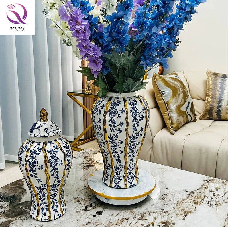 New Arrival Light Luxury Gold Plated White Ginger Jars Handpainted Blue Glaze Ceramic Flower Vase for Living Room Home Decor