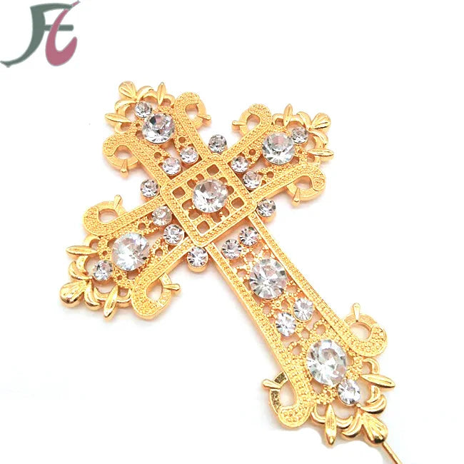 Party Supplies Rhinestone Cake Topper Rose Gold Cross Shape Cake Topper for Baptism /Wedding Cake Decoration
