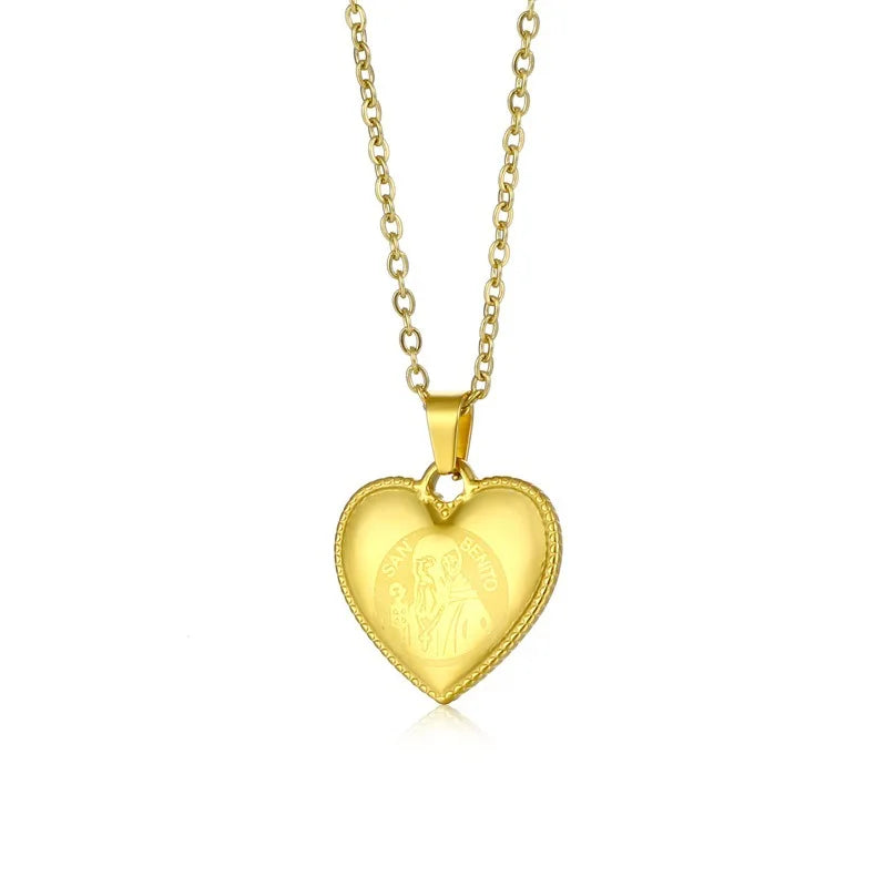 Stainless Steel Religious Items Christian Charm Chain Necklaces with Personalized Catholic Saint Benedict Cross Heart Pendant