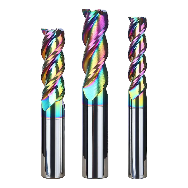 JR108 CNC Milling Cutter HRC60 3 Flutes DLC rainbow Coating Flat Carbide End Mill for Aluminum