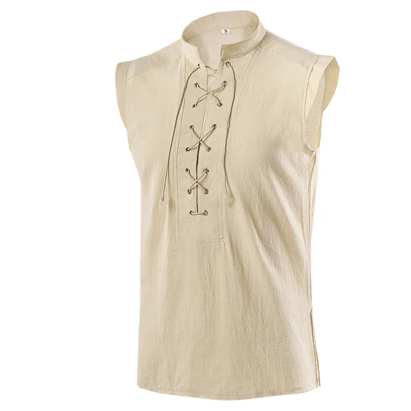 Men's Medieval Clothing Sleeveless Tie Stand Collar Vest Men's Polyester Vest Shirt Male Mesh Breathable Sports Vest Undershirt