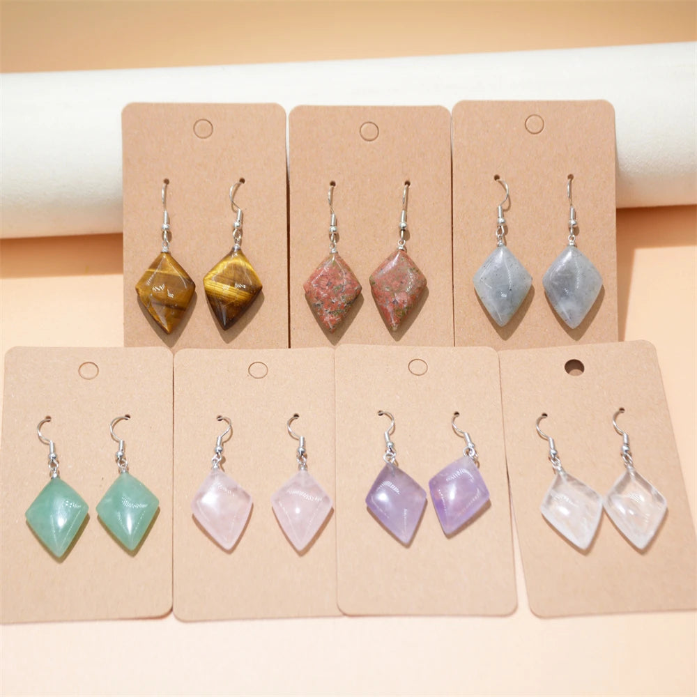 Factory Direct Sale Natural Green Aventurine Amethyst Pendants Rough Stone Hoop Earring Rhombus Shape Crystal Silver Ear Rings