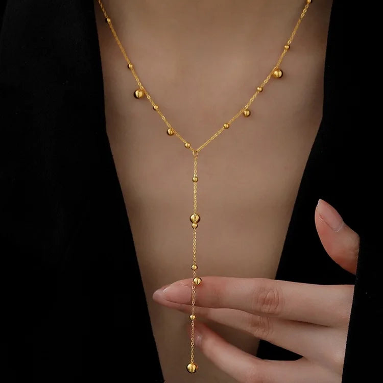 Fashion 316 Stainless Steel Gold Color 18k Beads Ball Link Chain Long Chains Tassel Y Lariat Type Choker Necklace for Women