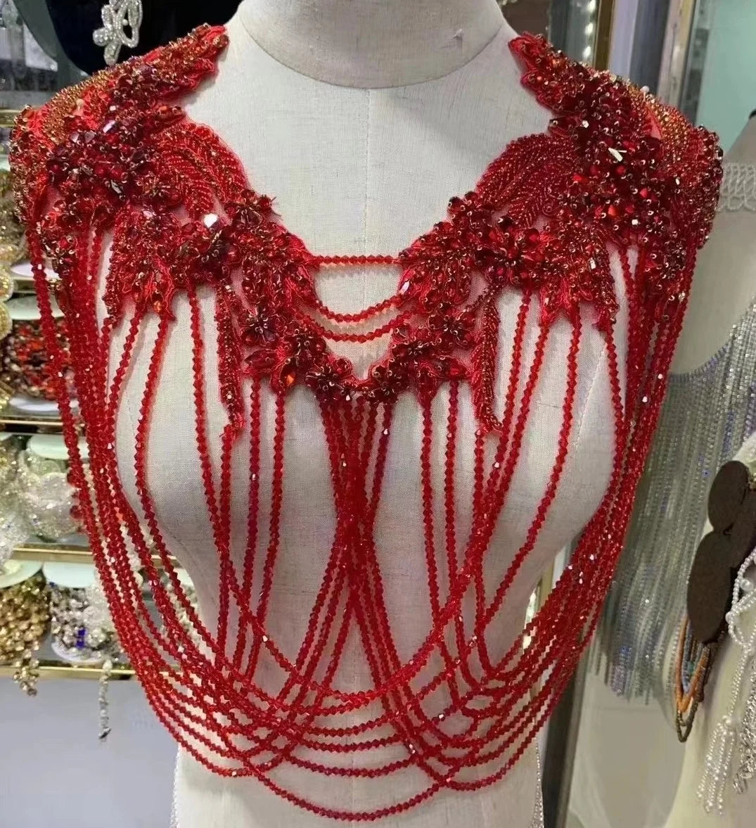 Luxury Shiny Neckline Beaded Fringe Rhinestone Crystal Applique Handmade DIY Craft LT3431
