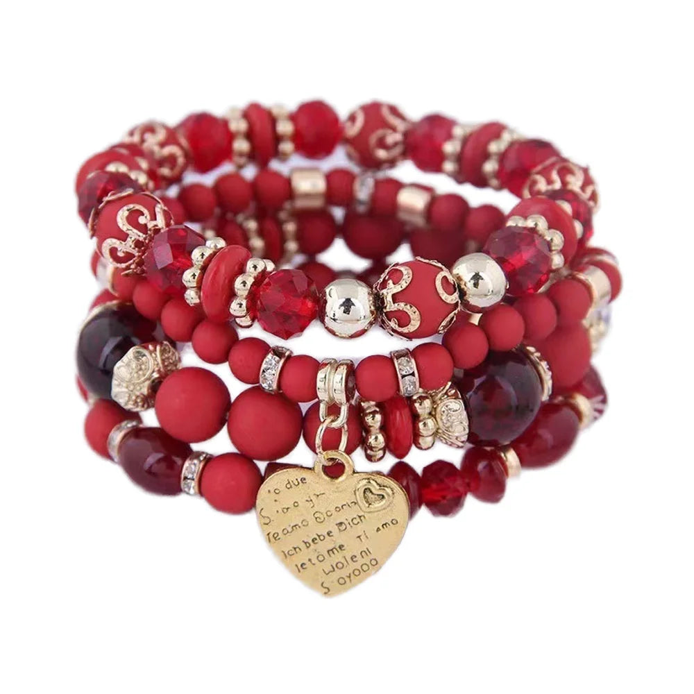 Boho Multi Layers 4pcs Set Elastic Rope Bracelets Heart Charm Crystal Bead Acrylic Bohemia Bracelet Women Party Beach Jewelry