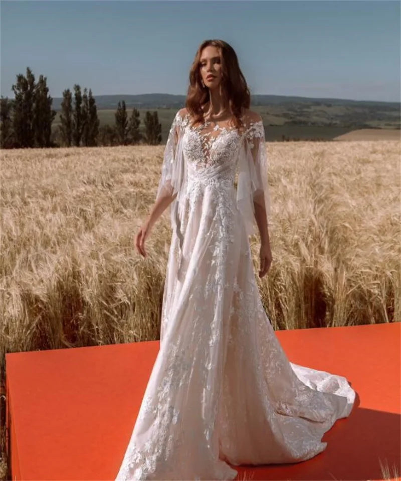 11194#Boat Neckline Flutter Sleeves Applique Bridal Dress Sweep Train Simple Lace Open Back Wedding Dress Bridal Gown