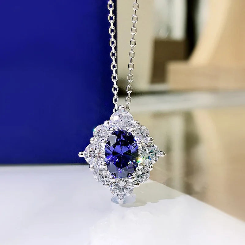 Huitan 2026 New Shinny Blue Stone Jewelry Sliver Coating Cubic Zircon Ladies Oval Pendant Necklace for Women