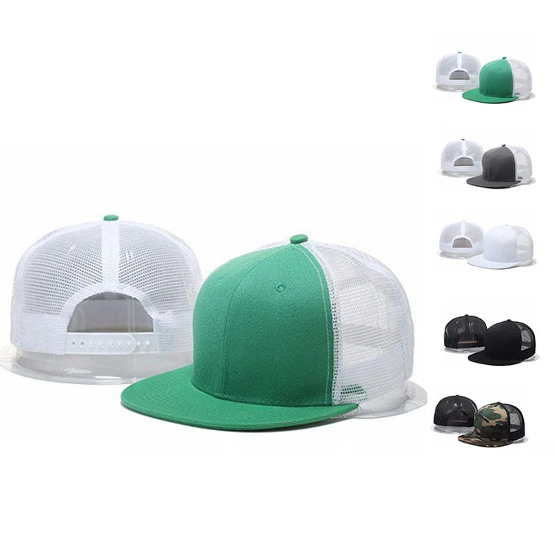 Wholesale 6 Panel Polyester Adjustable Mesh Breathable Trucker Hats Custom Embroidery Logo Hip Hop Flat Brim Snapback Caps