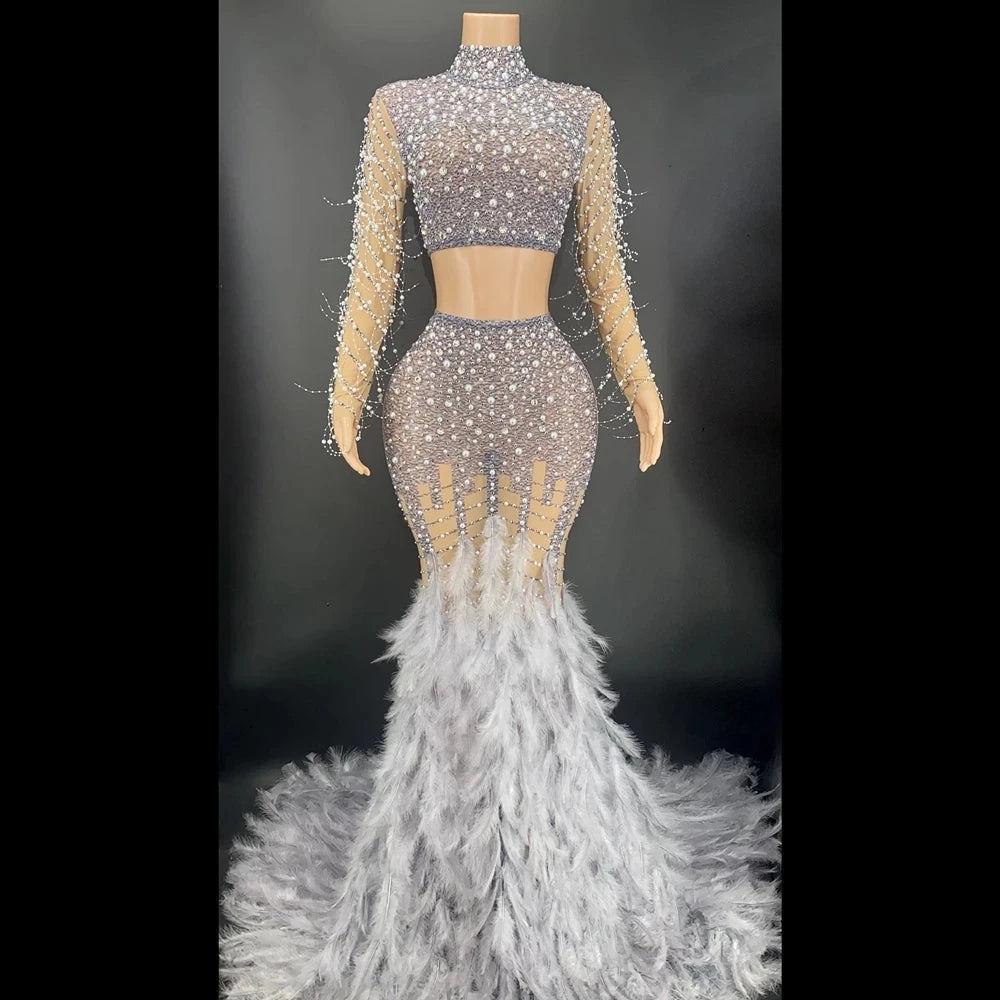 Sparkly Rhinestone Pearl Transparent Top Long Skirt Two Pieces Women's Birthday Celebrate Evening Prom Party Feather Dress