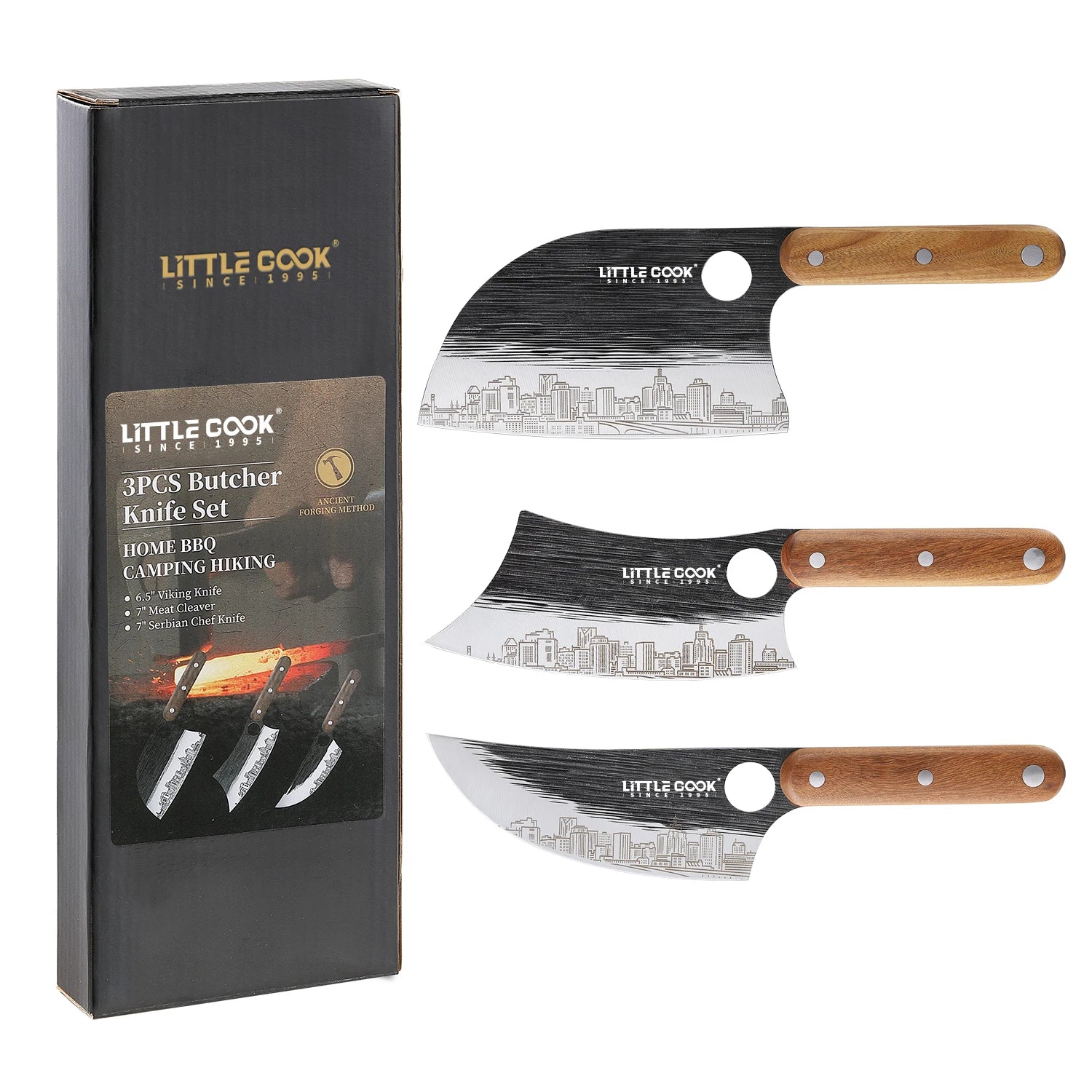 3pcs Stainless Steel Butcher Viking Serbain Chef Knife Set with Wooden Handle for Kitchen Chopping Slicing Cutting Cooking