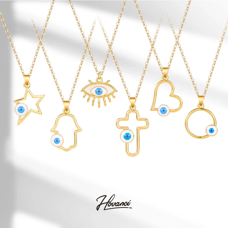HOVANCI Bijoux Acier Inoxydable Stainless Steel Jewelry 18K Gold Evil Eyes Locket Charm Pendants Necklace
