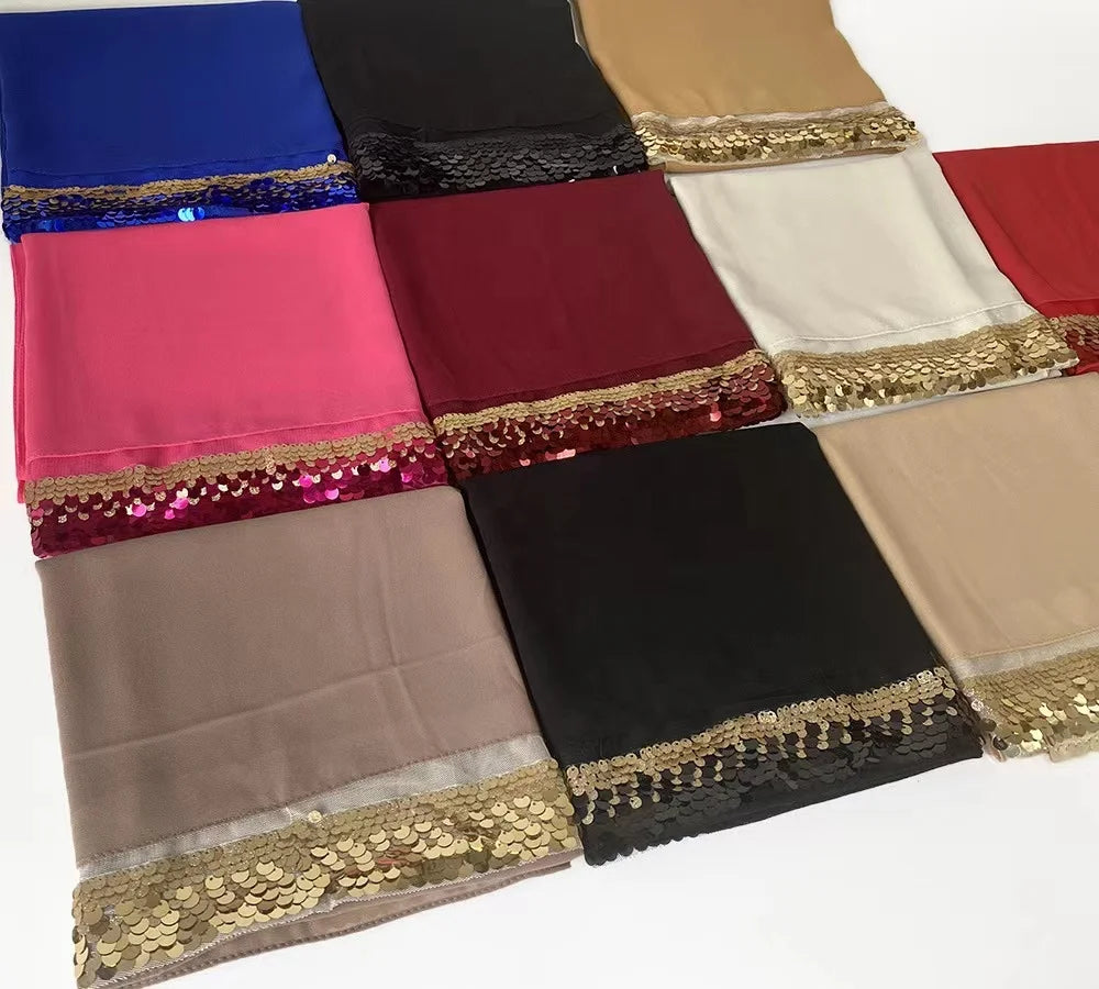 New Fashion Females Sequin Chiffon Long Scarf for Women Custom Hijab Elegant Women Headscarf Shawls Dubai Muslim Turban