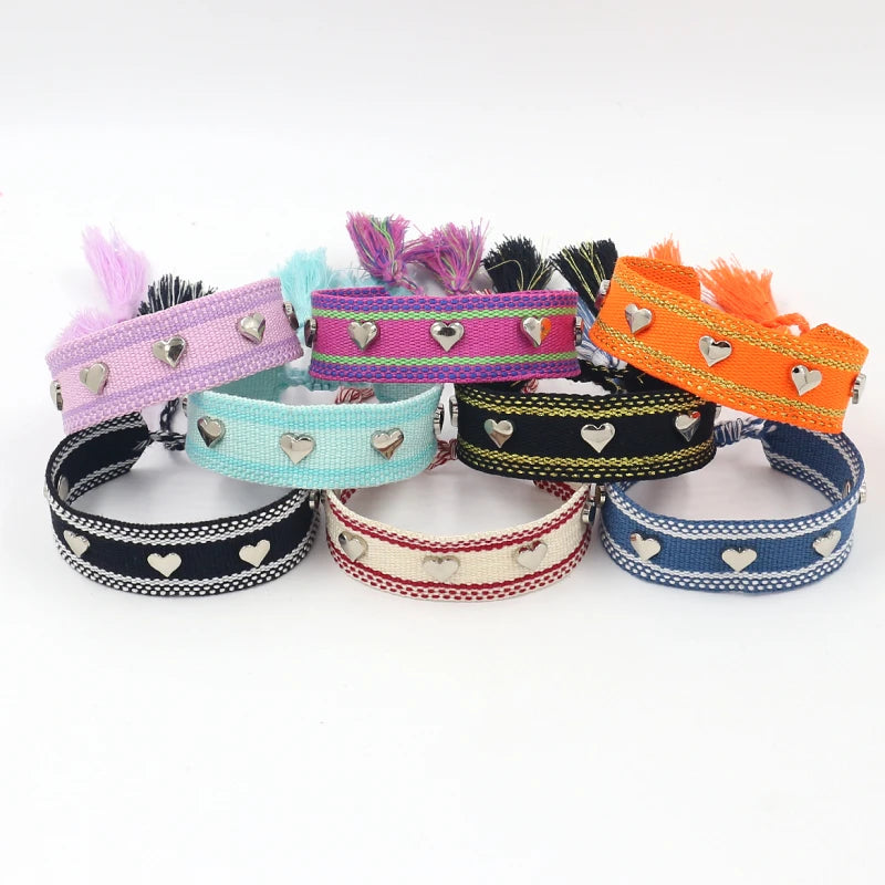 Silver Heart-shaped Metal Rivets Woven Wristband Adjustable Size Webbing Tassel Bracelets Friendship Bracelet