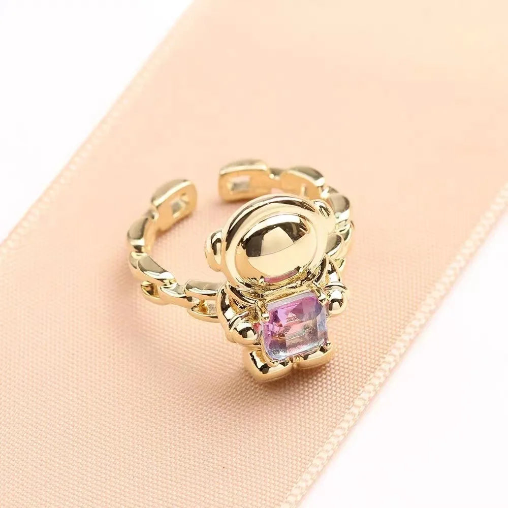 Colored Crystal Astronaut Ring Open Adjustable Diamond Crystal Spaceman Ring Wholesale Silver Plated Punk Ring For Women
