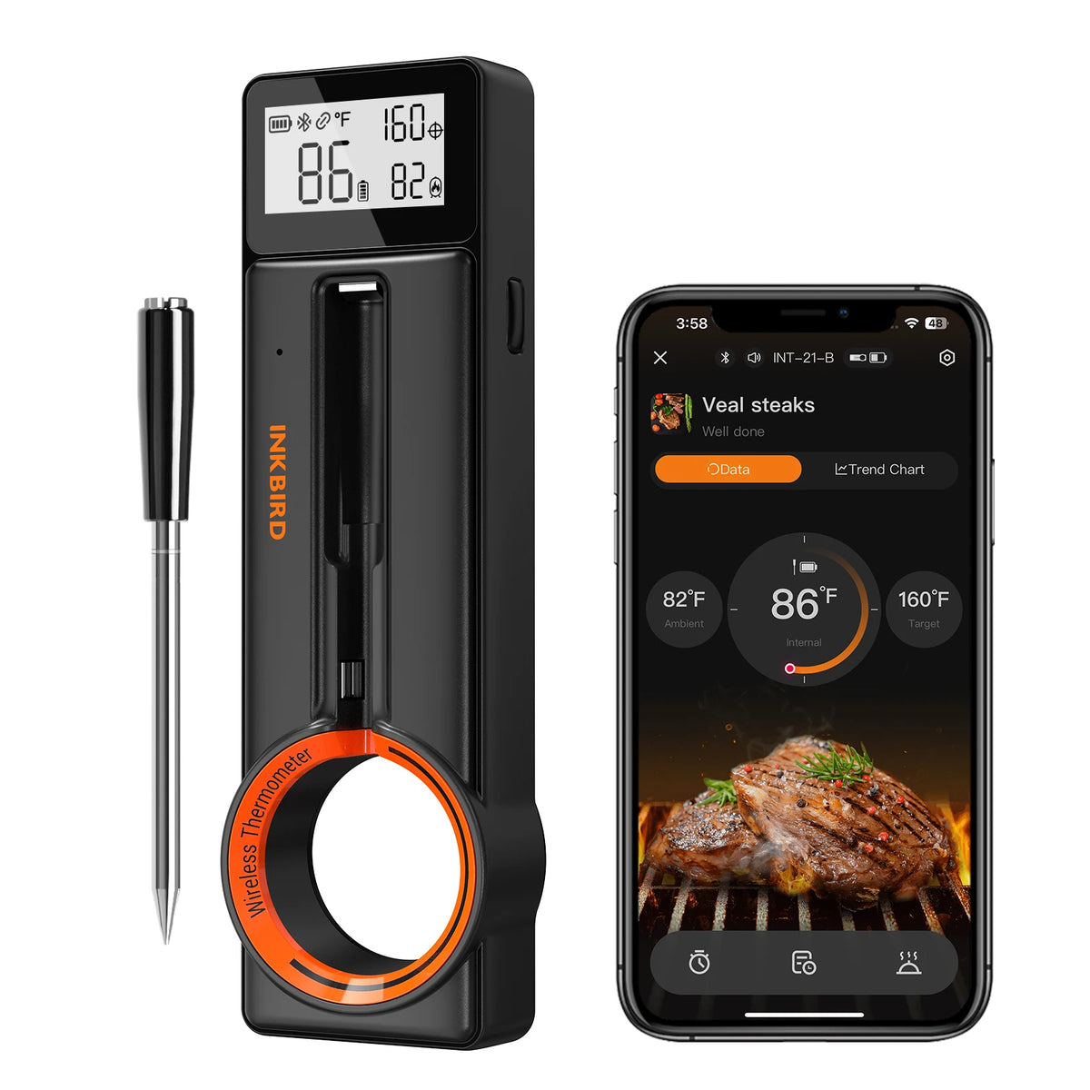 INKBIRD INT-21-B Wireless BBQ Thermometer with 5MM Ultra Thin Probe HD LCD Display 60 Min Offline Data Storage MegaBDM
