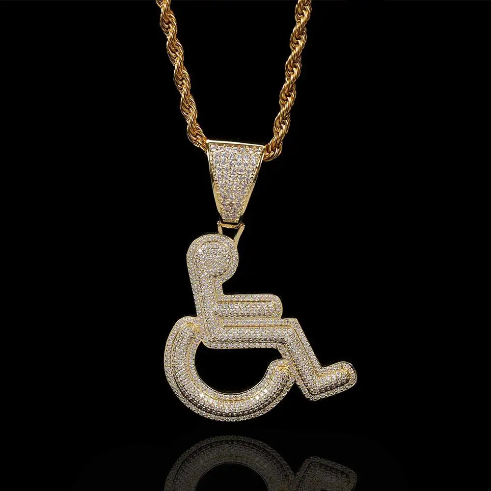 Wholesale Hip Hop Jewelry 18K Gold Wheelchair Logo Personality Pendant Copper Zircon Pendant