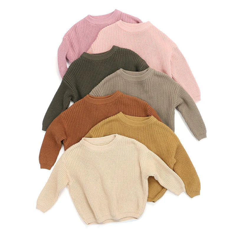 RTS Oversized Pullover Children Clothes Solid Color Knitted 100%Cotton Baby Sweater Winter