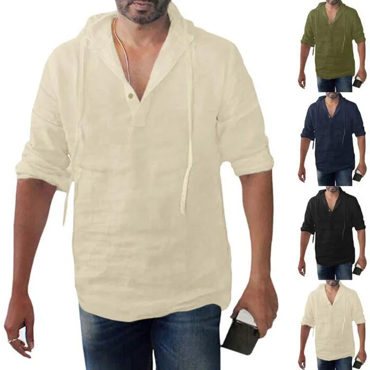 Men's Summer Casual Long-Sleeved Cotton and Linen Hooded Shirt Breathable V-Neck Dress with Hip Hop Solid Color Single Pack
